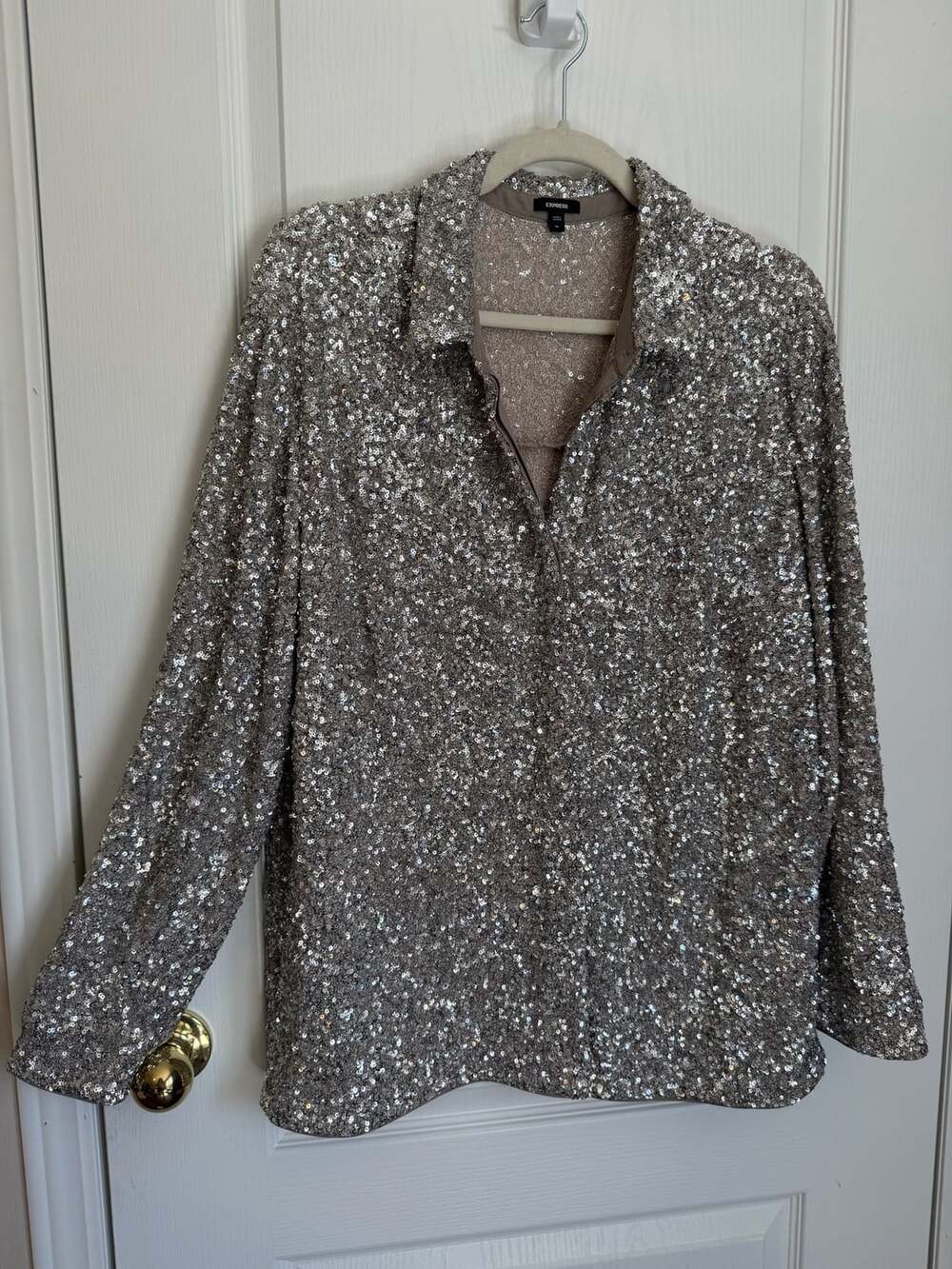 Express Silver Sequin Long Sleeve Collared Shirt Blouse XL